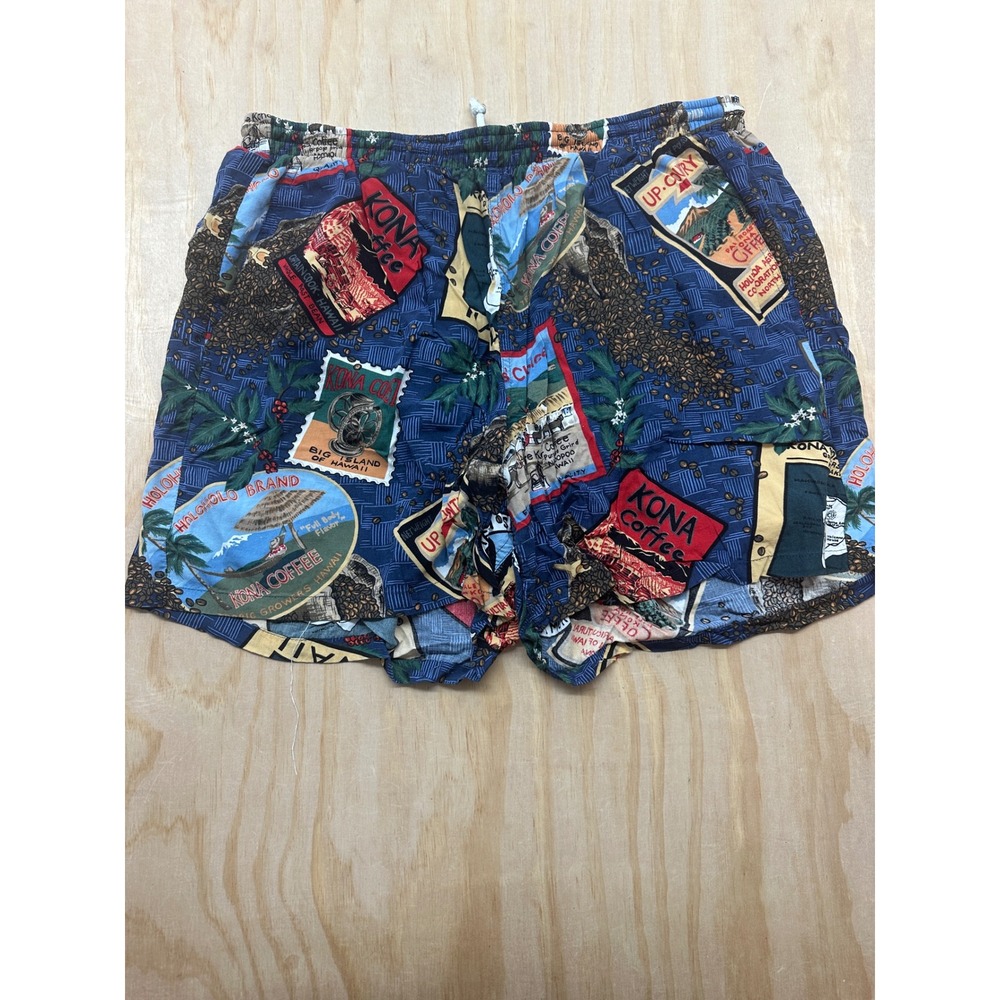 Reyn Spooner Kona Coffee Hawaiian Print Swim Trunks Blue Mens XXL Rayon Lining